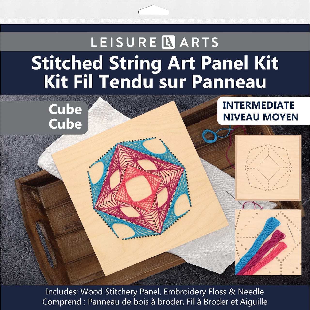 Leisure Arts&#xAE; Intermediate Cube Wood Stitched String Art Panel Kit